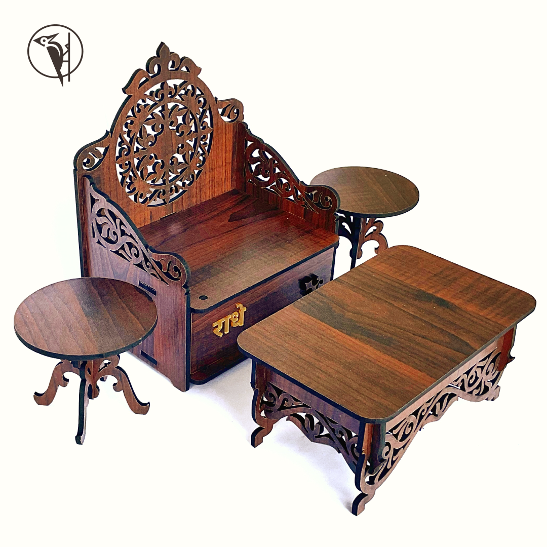 Laddu Gopal Ji singhasan, with a table and two stool (Dark)