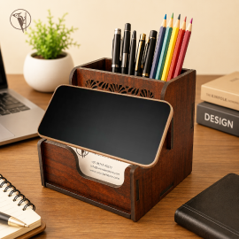 Compact MDF Desk Organizer with Pen Holder, Visiting Card Stand & Mobile Holder