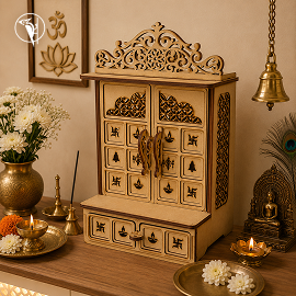 Wooden MDF Pooja Mandir for Home Wall | Triple Layer Temple with Drawer & LED Light Slot