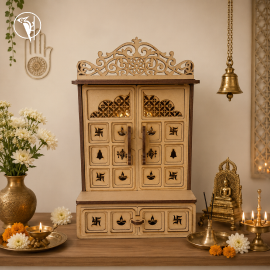 Wooden MDF Pooja Mandir for Home Wall | Triple Layer Temple with Drawer & LED Light Slot