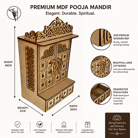 Wooden MDF Pooja Mandir for Home Wall | Triple Layer Temple with Drawer & LED Light Slot