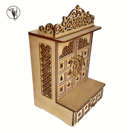Wooden MDF Pooja Mandir for Home Wall | Triple Layer Temple with Drawer & LED Light Slot