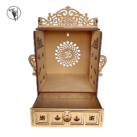 Wooden MDF Pooja Mandir for Home Wall | Triple Layer Temple with Drawer & LED Light Slot